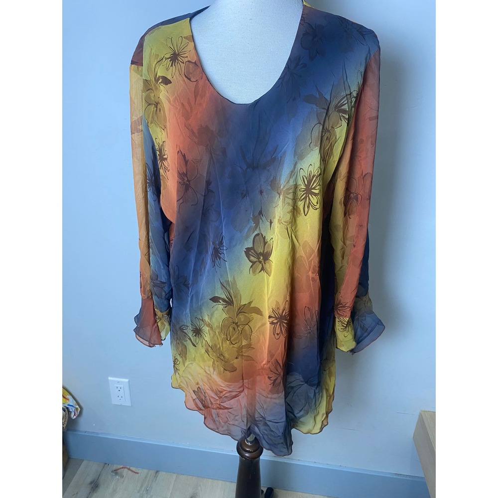Vintage 90s C.O.C. Ombre Floral Sheer Tunic Top V-Neck Fairycore Made in USA XL